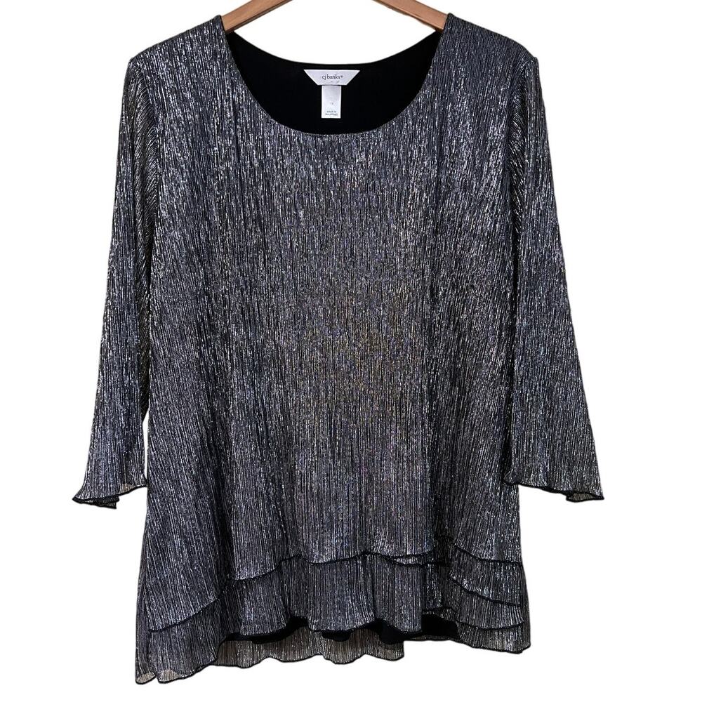 CJ Banks Top Blouse 1X Silver Metallic Tiered Shirt Lined Holiday Party Shimmer